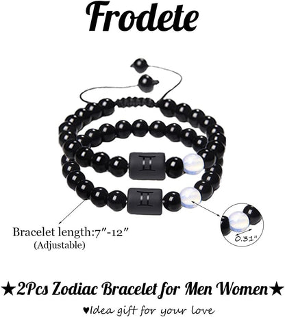 2Pcs Zodiac Bracelet for Men Women,8Mm Natural Black Onyx Stone Star Sign Constellation Horoscope Bracelet Gifts