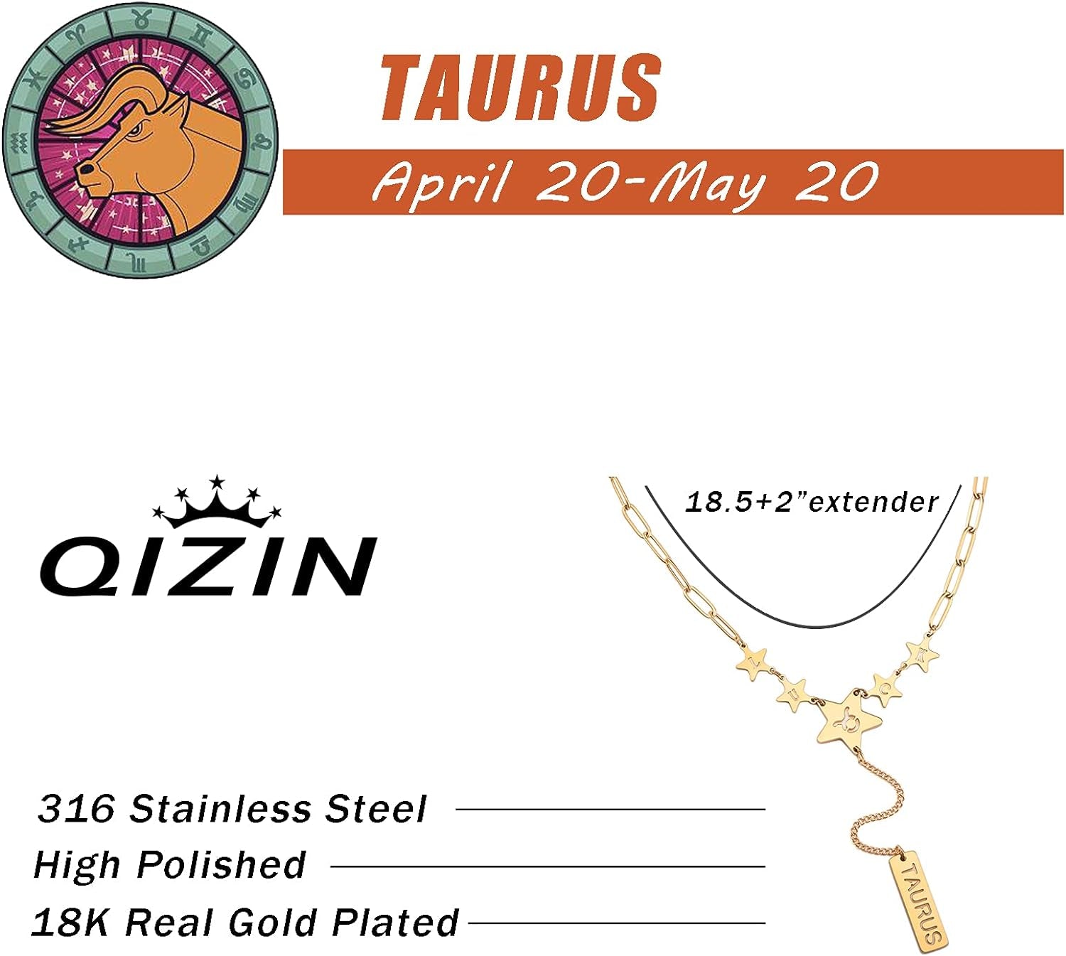 Zodiac Sign Necklaces for Women Unique Stainless Steel Paperclip Chain Necklace,18.5+2" Extender