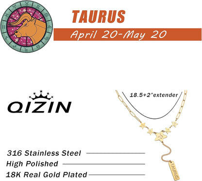 Zodiac Sign Necklaces for Women Unique Stainless Steel Paperclip Chain Necklace,18.5+2" Extender