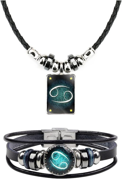 Retro Zodiac Necklace Bracelet Constellations Zodiac Sign Leather Bracelet Rectangle Zodiac Star Necklaces Jewelry Set Gift for Women Men