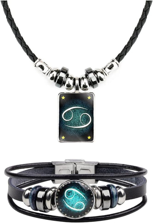 Retro Zodiac Necklace Bracelet Constellations Zodiac Sign Leather Bracelet Rectangle Zodiac Star Necklaces Jewelry Set Gift for Women Men