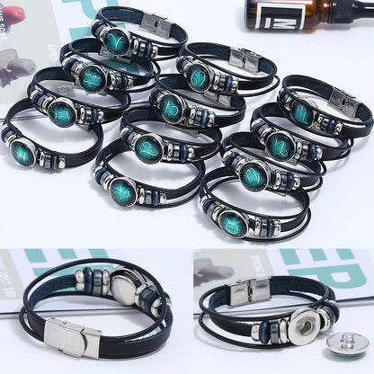 Retro Zodiac Necklace Bracelet Constellations Zodiac Sign Leather Bracelet Rectangle Zodiac Star Necklaces Jewelry Set Gift for Women Men