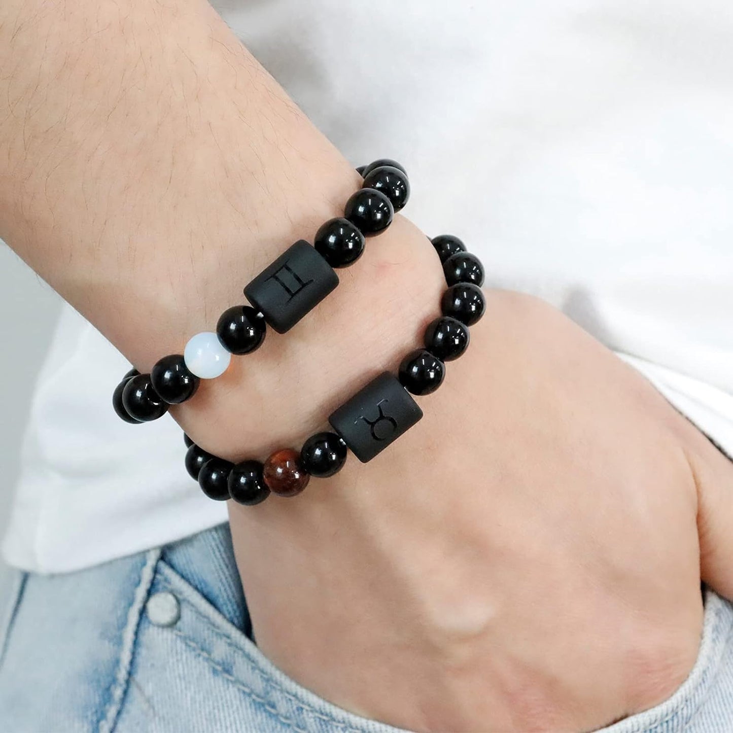 2Pcs Zodiac Bracelet for Men Women,8Mm Natural Black Onyx Stone Star Sign Constellation Horoscope Bracelet Gifts