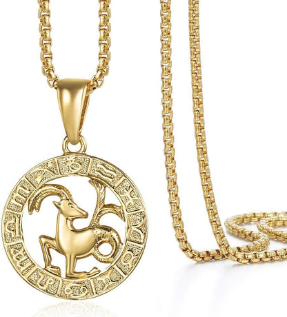 Gold Plated Zodiac Sign Pendant Necklace for Women Men Leo Ariesconstellation Horoscope Pendant Stainless Steel Box Link Chain 22Inch