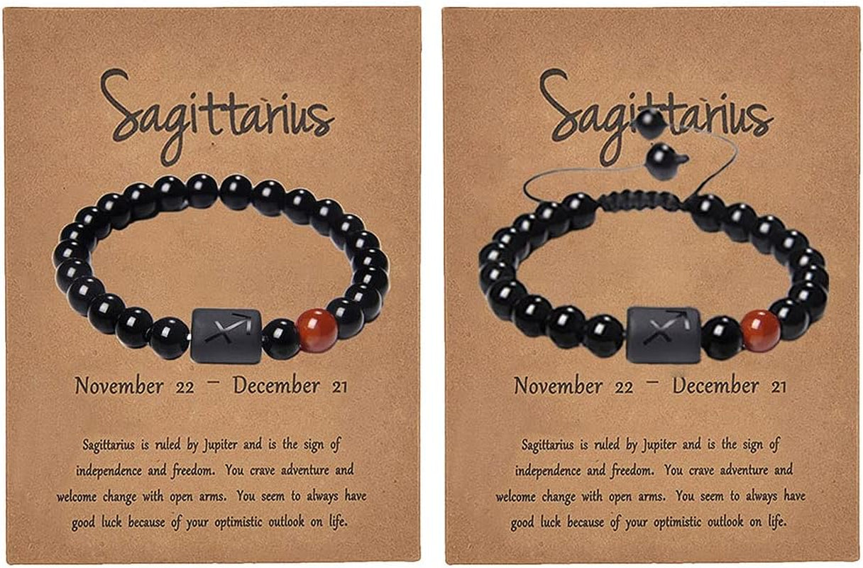 2Pcs Zodiac Bracelet for Men Women,8Mm Natural Black Onyx Stone Star Sign Constellation Horoscope Bracelet Gifts