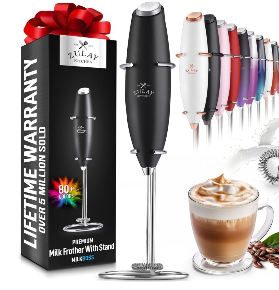 Zulay Kitchen Powerful Milk Frother Wand - Ultra Fast Handheld Drink Mixer - Electric Whisk Foam Maker for Coffee, Lattes, Cappuccino, Frappe, Matcha, Hot Chocolate & Coffee Creamer - Milk Boss Black