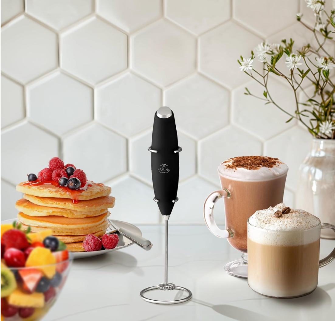 Zulay Kitchen Powerful Milk Frother Wand - Ultra Fast Handheld Drink Mixer - Electric Whisk Foam Maker for Coffee, Lattes, Cappuccino, Frappe, Matcha, Hot Chocolate & Coffee Creamer - Milk Boss Black