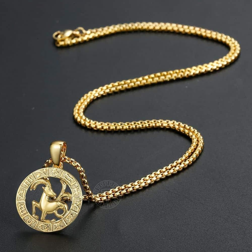 Gold Plated Zodiac Sign Pendant Necklace for Women Men Leo Ariesconstellation Horoscope Pendant Stainless Steel Box Link Chain 22Inch