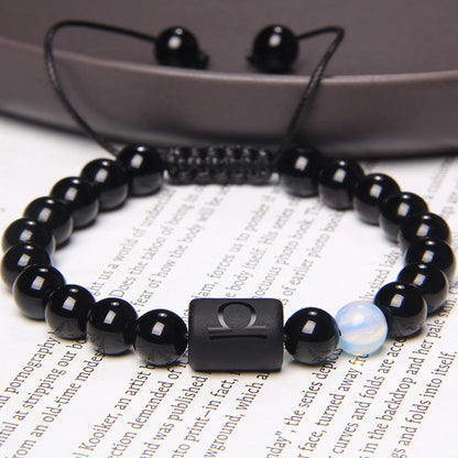 2Pcs Zodiac Bracelet for Men Women,8Mm Natural Black Onyx Stone Star Sign Constellation Horoscope Bracelet Gifts