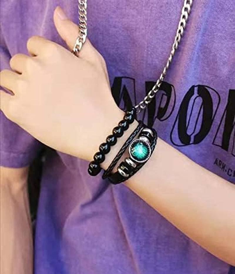 Retro Zodiac Necklace Bracelet Constellations Zodiac Sign Leather Bracelet Rectangle Zodiac Star Necklaces Jewelry Set Gift for Women Men